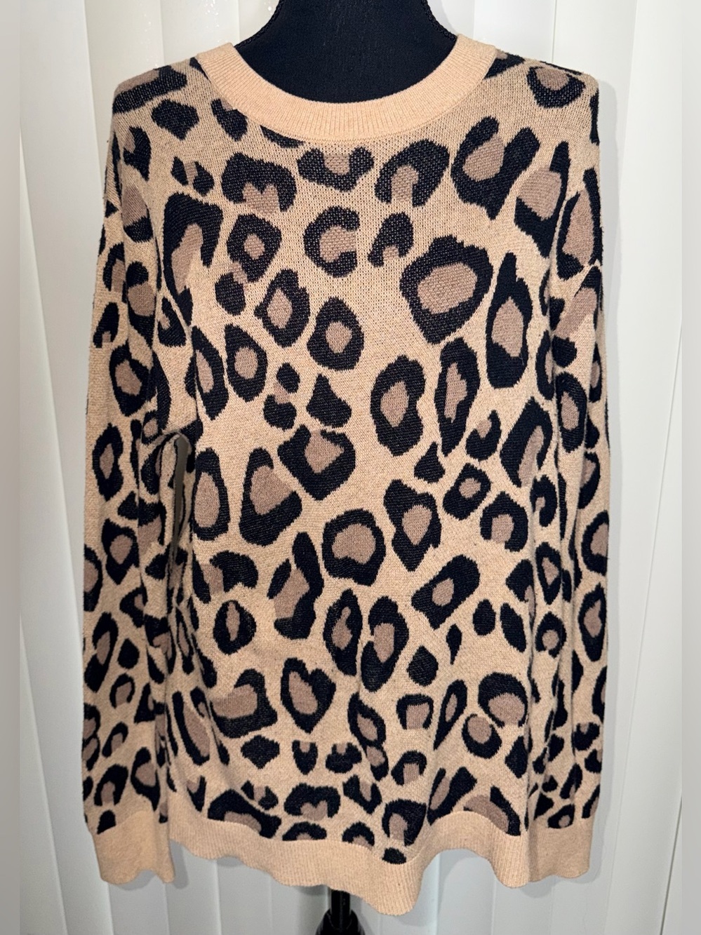 Ava & Viv Sweater Womens 0X Beige Leopard Cotton Tight Knit Ribbed Cheetah Print